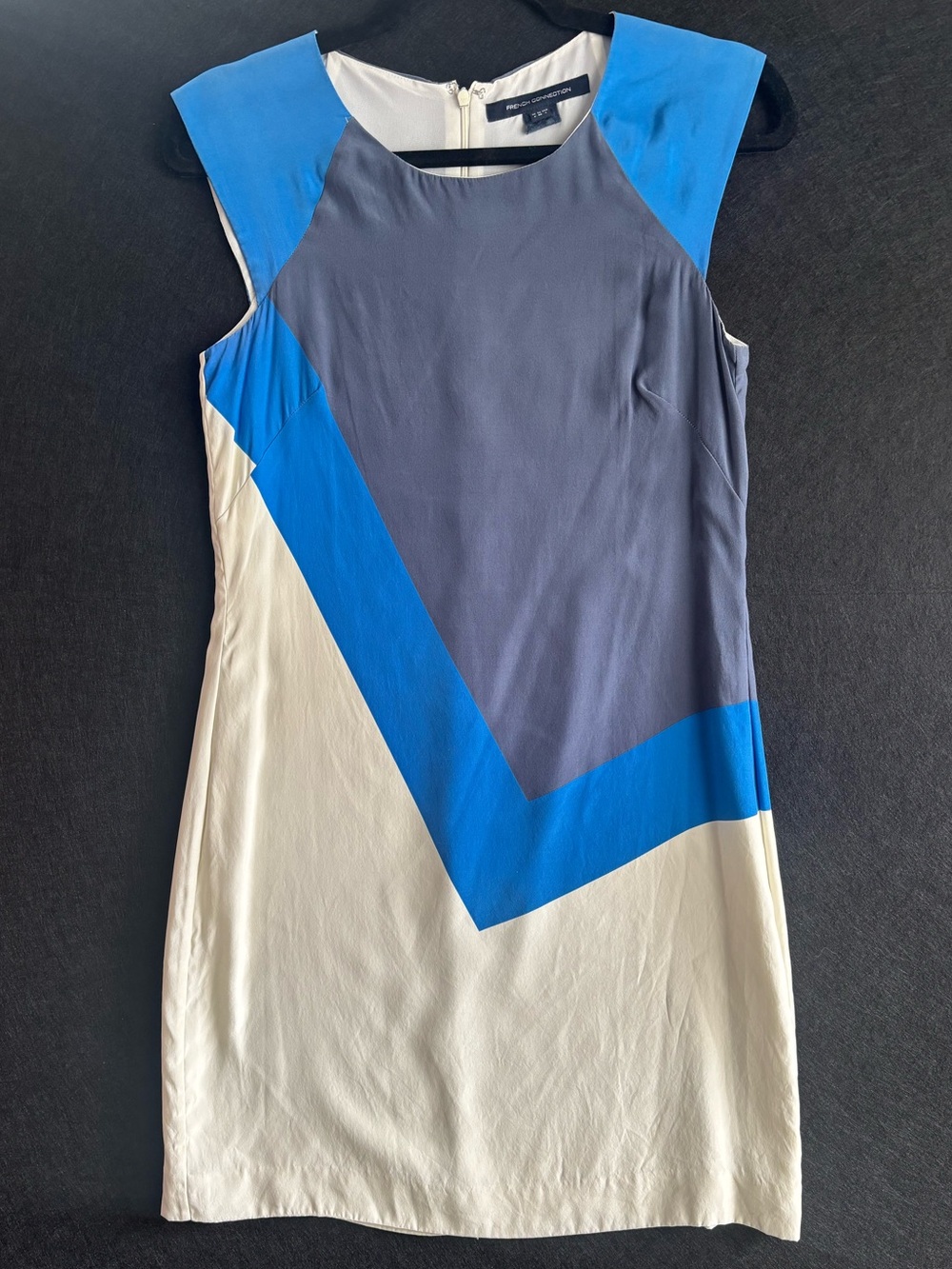 French Connection 100% Silk Color Block Shift Dress, Blue Cream Navy, Size 4